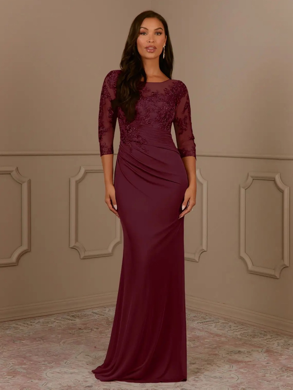 Azazie Burgundy Lace-Embellished Maxi Dress